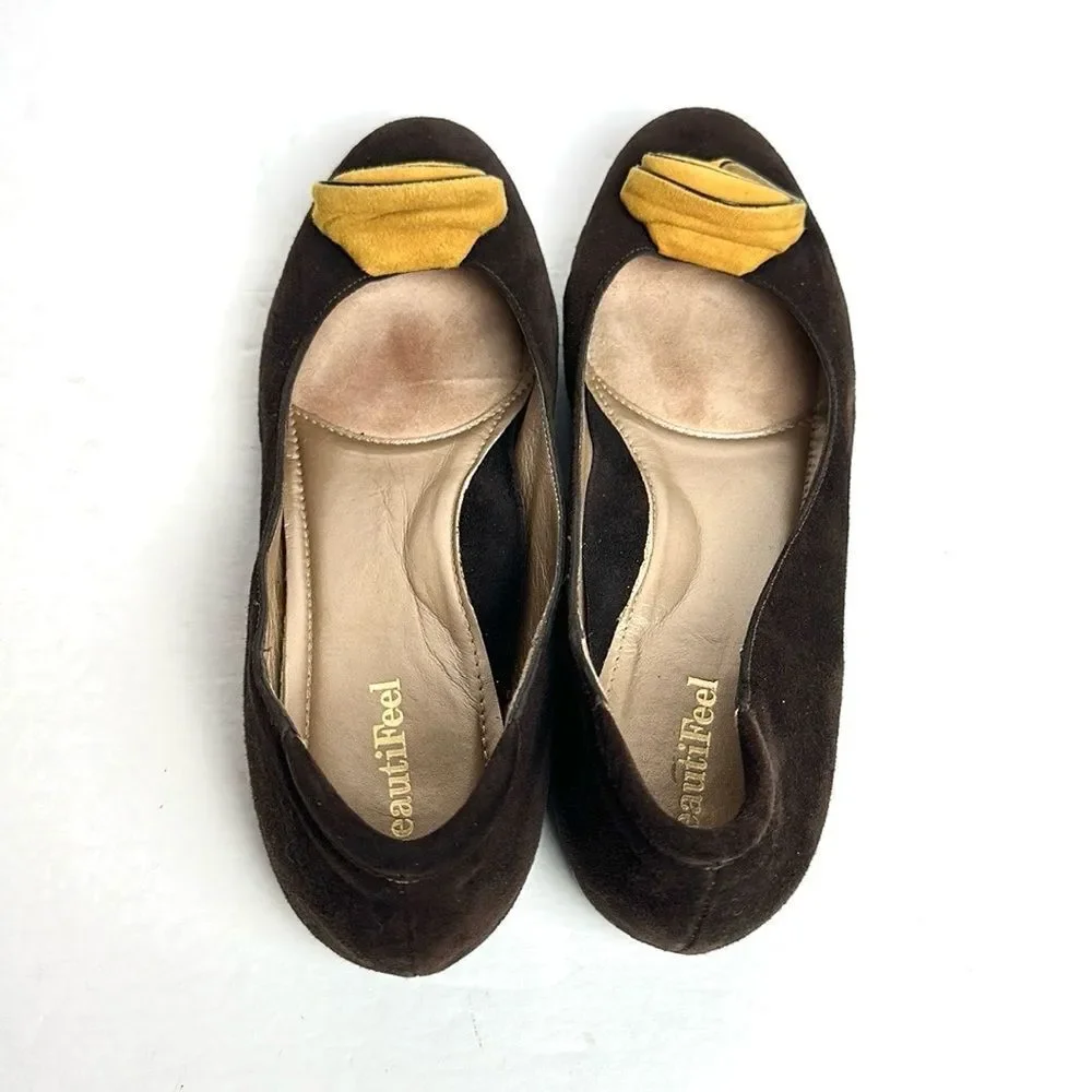 BeautiFeel Chocolate Brown Suede Flats Shoes  Mustard Rosettes size 38 US 7-7,5